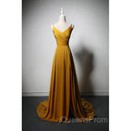 Goleden V-neckline Straps Long Party Dress with Leg Slit, Long Gold Evening Dress Evening Prom Dress