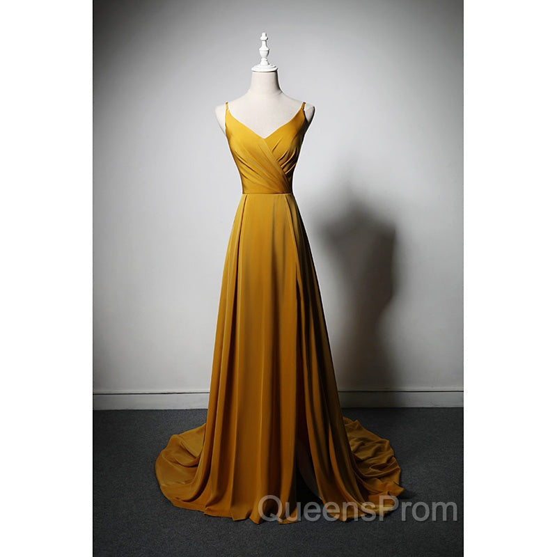 Goleden V-neckline Straps Long Party Dress with Leg Slit, Long Gold Evening Dress Evening Prom Dress