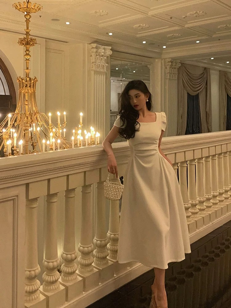 Gorgeous A Line Short Sleeves White Date Night Dress Classy Prom Dress Birthday Outfits