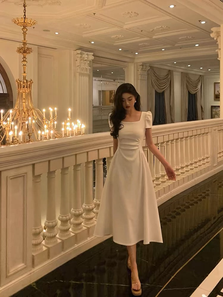 Gorgeous A Line Short Sleeves White Date Night Dress Classy Prom Dress Birthday Outfits