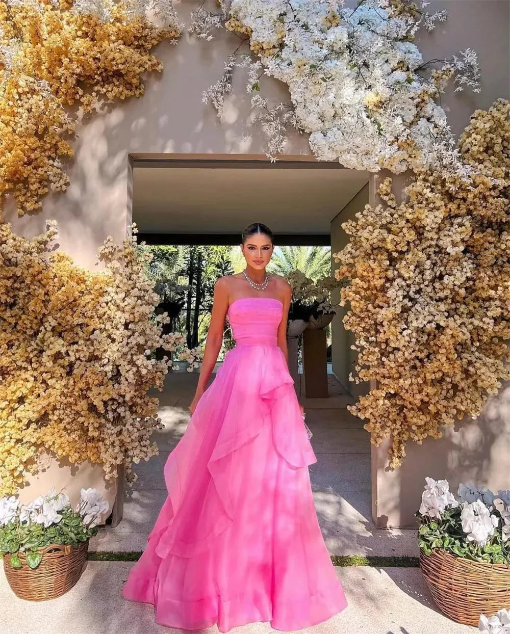 Gorgeous A Line Strapless Pink Long Classy Prom Dress Secondary image