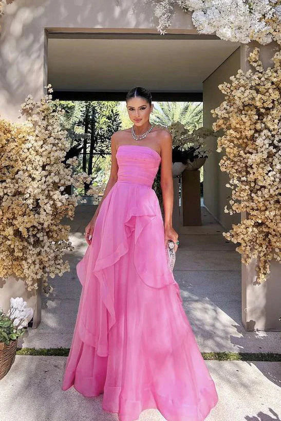 Gorgeous A Line Strapless Pink Long Classy Prom Dress