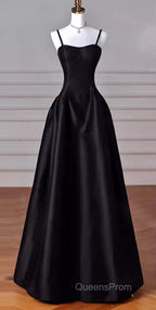 Gorgeous A Line Straps Satin Black Evening Prom Dress
