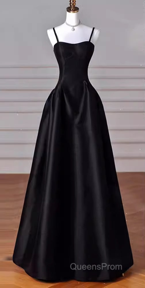 Gorgeous A Line Straps Satin Black Evening Prom Dress