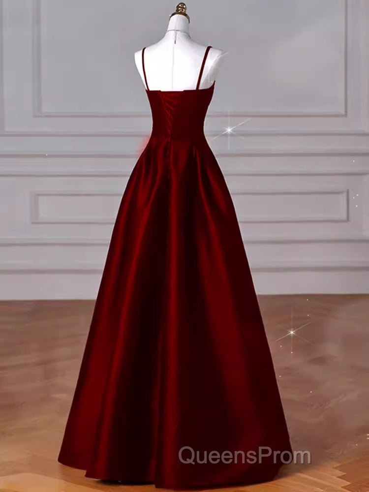 Gorgeous A Line Straps Satin Burgundy Evening Prom Dress