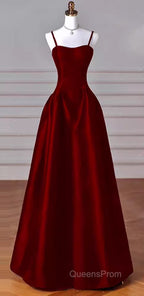 Gorgeous A Line Straps Satin Burgundy Evening Prom Dress