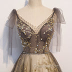 Gorgeous A-line V-neckline Long Party Dress Evening Prom Dress, Lace Evening Dress