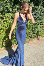 Gorgeous Backless Mermaid V-Neck Sleeveless Velvet Long Classy Prom Dress