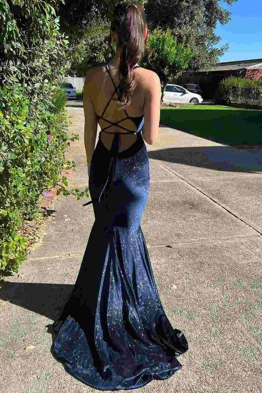 Gorgeous Backless Mermaid V-Neck Sleeveless Velvet Long Classy Prom Dress