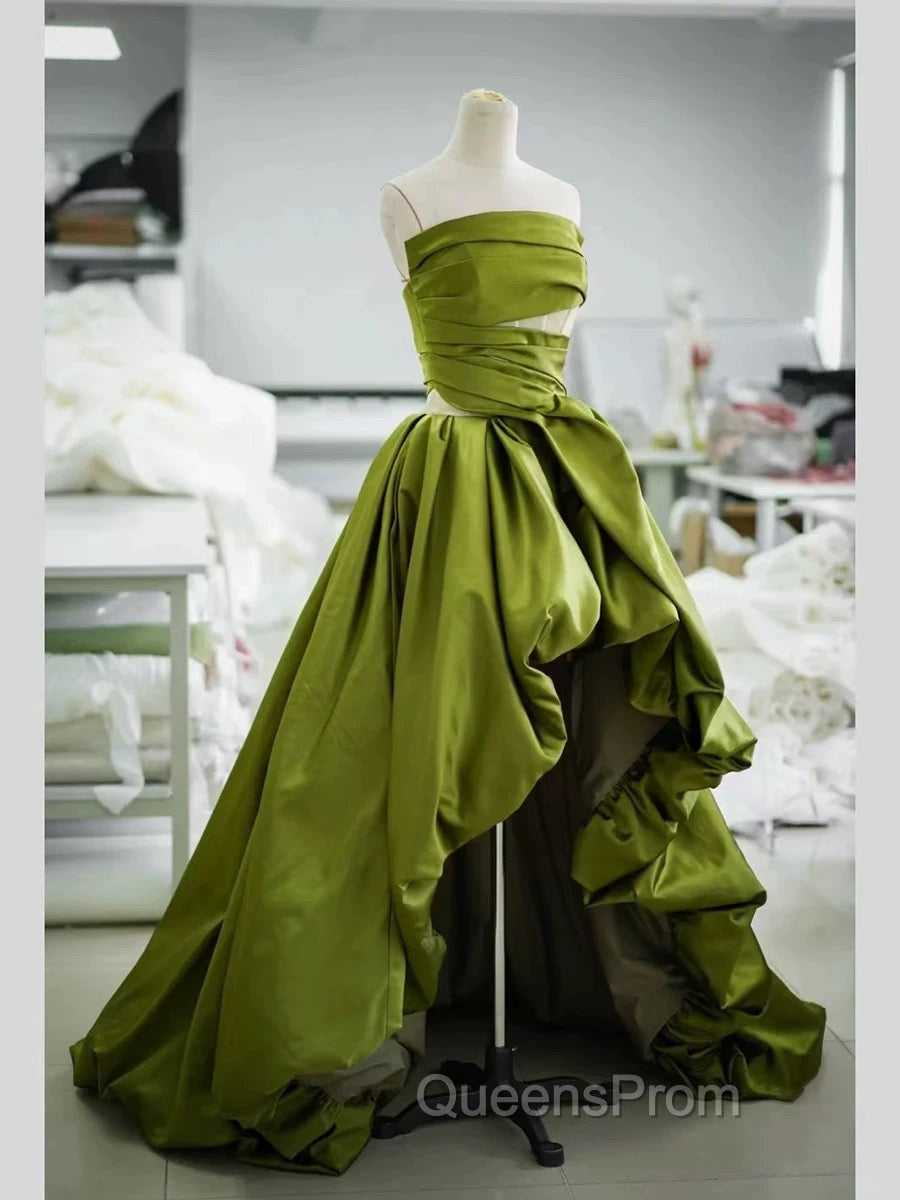 Gorgeous Balll Gown Strapless Green Satin Ruffles Long Evening Dress Evening Prom Dress