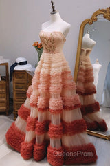 Gorgeous Balll Gown Strapless Tulle Pink Ruffles Long Evening Dress Evening Prom Dress