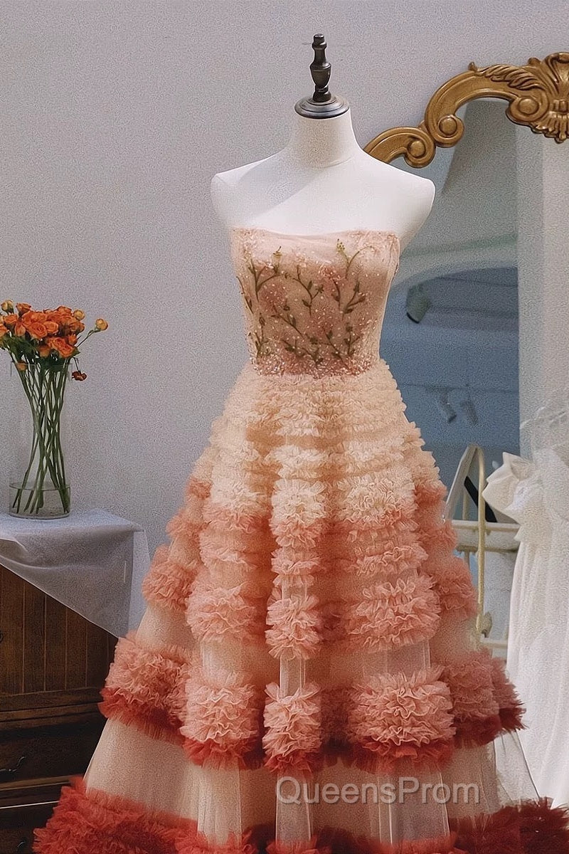 Gorgeous Balll Gown Strapless Tulle Pink Ruffles Long Evening Dress Evening Prom Dress