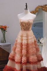 Gorgeous Balll Gown Strapless Tulle Pink Ruffles Long Evening Dress Evening Prom Dress