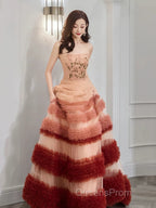 Gorgeous Balll Gown Strapless Tulle Pink Ruffles Long Evening Dress Evening Prom Dress