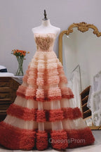 Gorgeous Balll Gown Strapless Tulle Pink Ruffles Long Evening Dress Evening Prom Dress