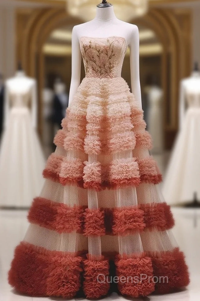 Gorgeous Balll Gown Strapless Tulle Pink Ruffles Long Evening Dress Evening Prom Dress Main image