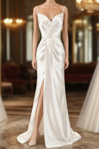 Gorgeous Beach Wedding Dress Mermaid Sleeveless Evening Dress V Neck Straps Split Ivory Bridal Gown With Court Train