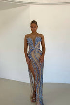 Gorgeous Beaded Sexy Elegant V-Neck Low-Cut Long Slit Prom Dress Evening Gown Party Dress