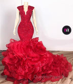 Gorgeous Beads Appliques Red Evening Prom Dress Ruffles Fit and Flare Alluring Evening Gowns