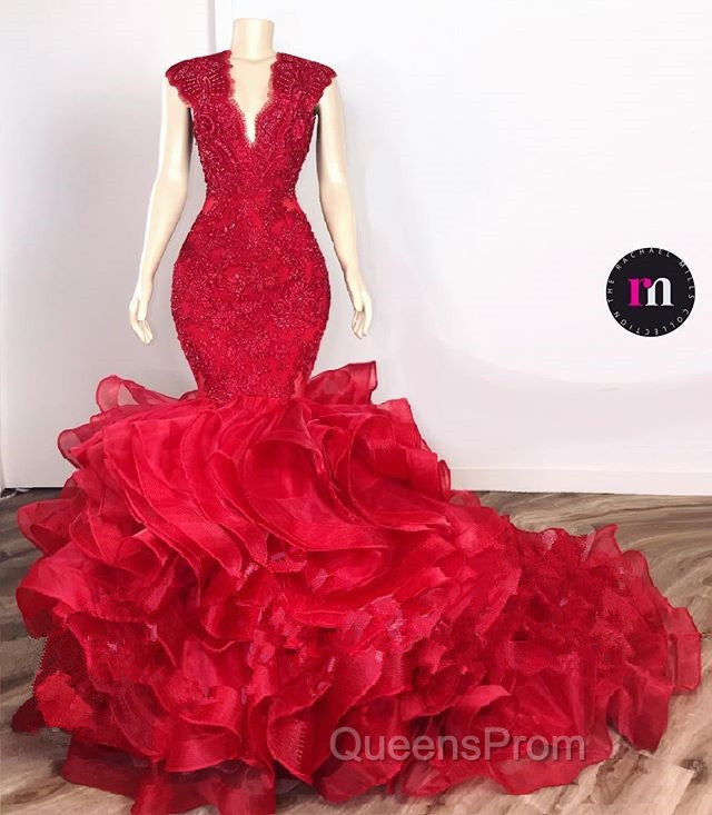 Gorgeous Beads Appliques Red Evening Prom Dress Ruffles Fit and Flare Alluring Evening Gowns