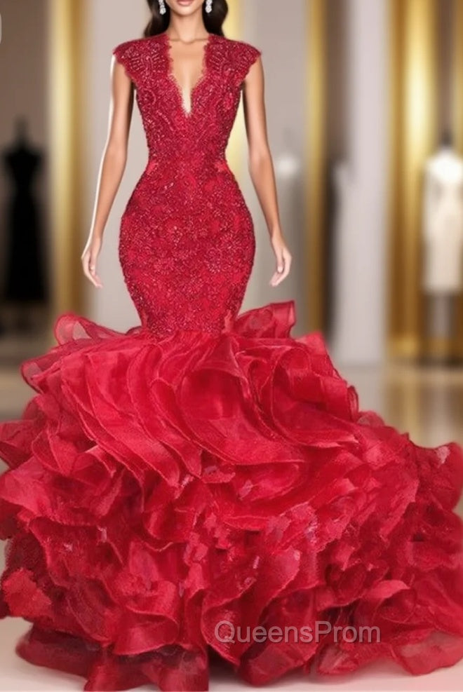 Gorgeous Beads Appliques Red Evening Prom Dress Ruffles Fit and Flare Alluring Evening Gowns Main image
