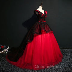 Gorgeous Black And Red Embroidery Quinceanera Dress, Lace Applique Tulle Gowns