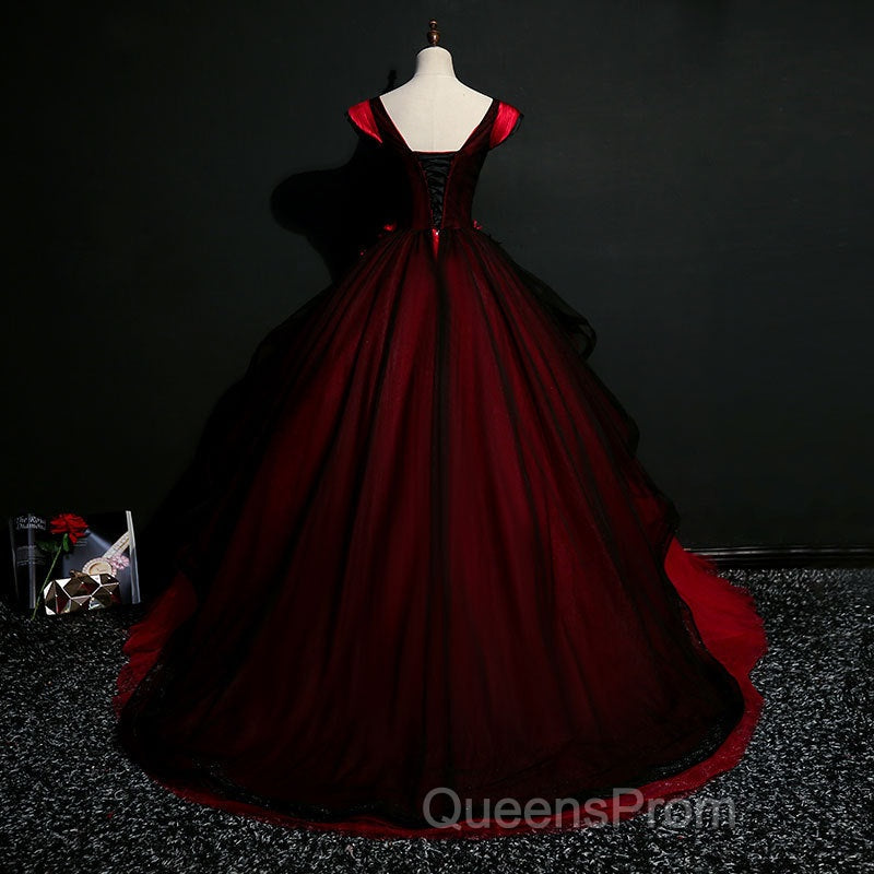 Gorgeous Black And Red Embroidery Quinceanera Dress, Lace Applique Tulle Gowns