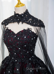 Gorgeous Black And Red Tulle Ball Gown Sweet 16 Dress With Cape, Long Evening Prom Dress