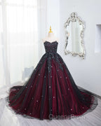 Gorgeous Black And Red Tulle Ball Gown Sweet 16 Dress With Cape, Long Evening Prom Dress