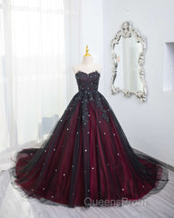 Gorgeous Black And Red Tulle Ball Gown Sweet 16 Dress With Cape, Long Evening Prom Dress