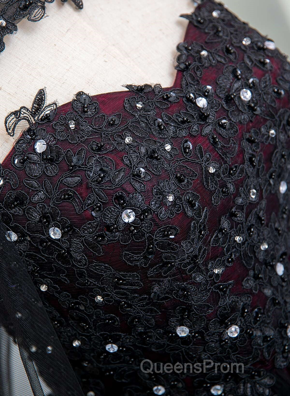 Gorgeous Black And Red Tulle Ball Gown Sweet 16 Dress With Cape, Long Evening Prom Dress