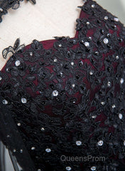 Gorgeous Black And Red Tulle Ball Gown Sweet 16 Dress With Cape, Long Evening Prom Dress