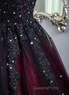 Gorgeous Black And Red Tulle Ball Gown Sweet 16 Dress With Cape, Long Evening Prom Dress