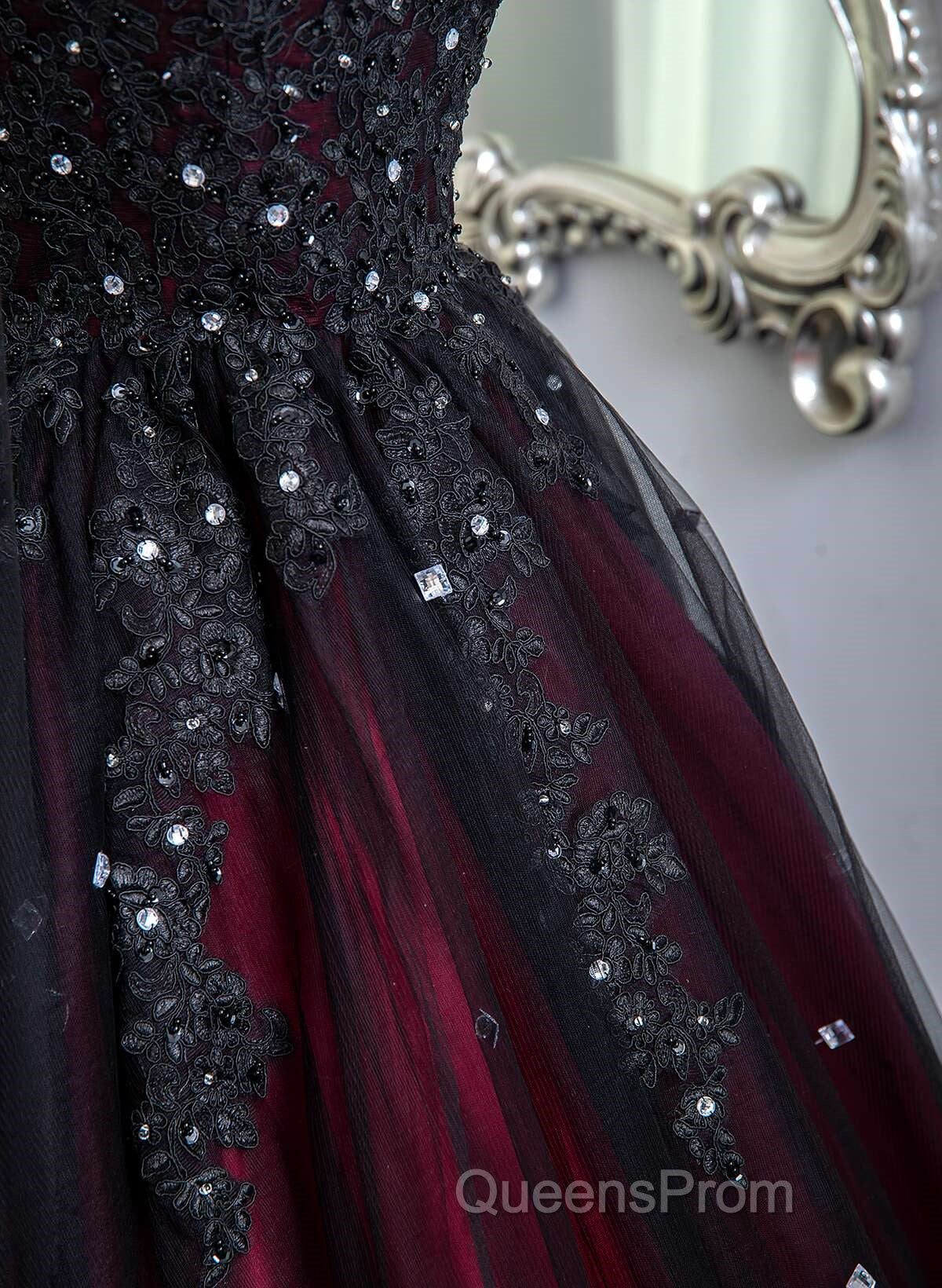 Gorgeous Black And Red Tulle Ball Gown Sweet 16 Dress With Cape, Long Evening Prom Dress