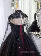 Gorgeous Black And Red Tulle Ball Gown Sweet 16 Dress With Cape, Long Evening Prom Dress