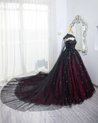 Gorgeous Black And Red Tulle Ball Gown Sweet 16 Dress With Cape, Long Evening Prom Dress