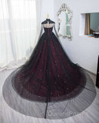 Gorgeous Black And Red Tulle Ball Gown Sweet 16 Dress With Cape, Long Evening Prom Dress