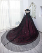 Gorgeous Black And Red Tulle Ball Gown Sweet 16 Dress With Cape, Long Evening Prom Dress