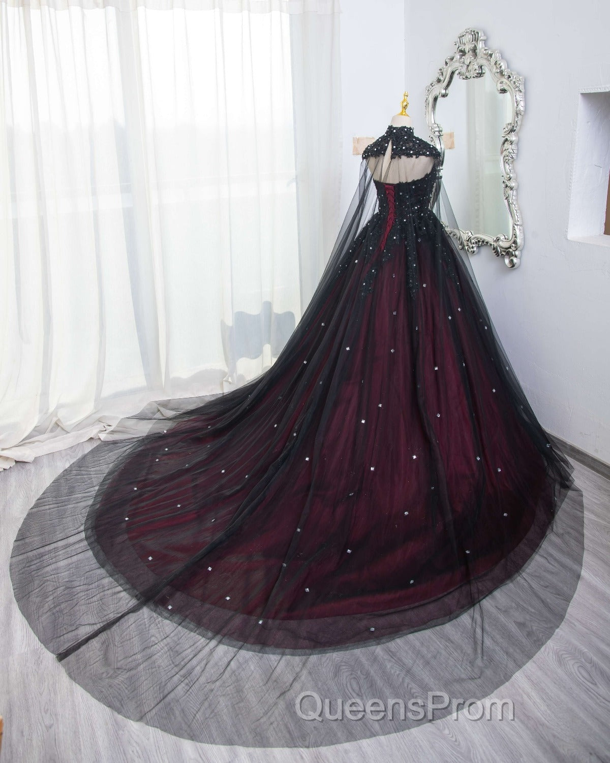 Gorgeous Black And Red Tulle Ball Gown Sweet 16 Dress With Cape, Long Evening Prom Dress