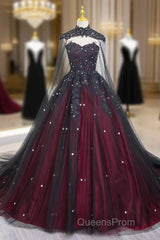 Gorgeous Black And Red Tulle Ball Gown Sweet 16 Dress With Cape, Long Evening Prom Dress