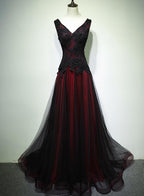 Gorgeous Black And Red V-Neckline Tulle Beaded Classy Prom Dress, Long Classy Evening Gown