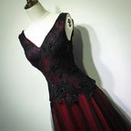 Gorgeous Black And Red V-Neckline Tulle Beaded Classy Prom Dress, Long Classy Evening Gown