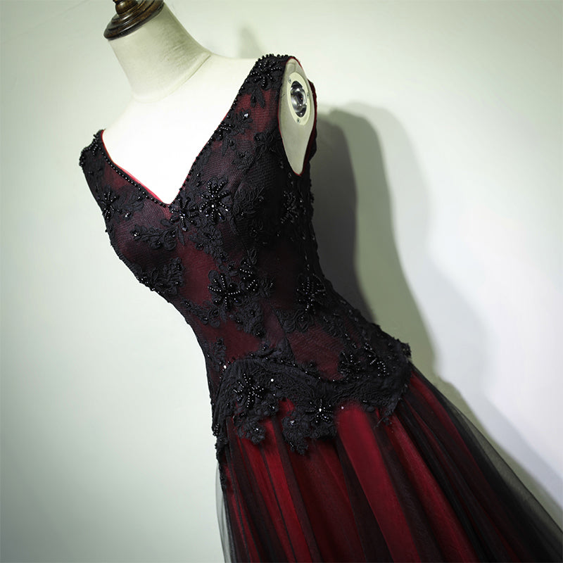 Gorgeous Black And Red V-Neckline Tulle Beaded Classy Prom Dress, Long Classy Evening Gown