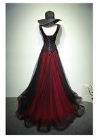 Gorgeous Black And Red V-Neckline Tulle Beaded Classy Prom Dress, Long Classy Evening Gown