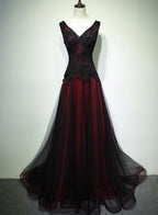 Gorgeous Black And Red V-Neckline Tulle Beaded Classy Prom Dress, Long Classy Evening Gown