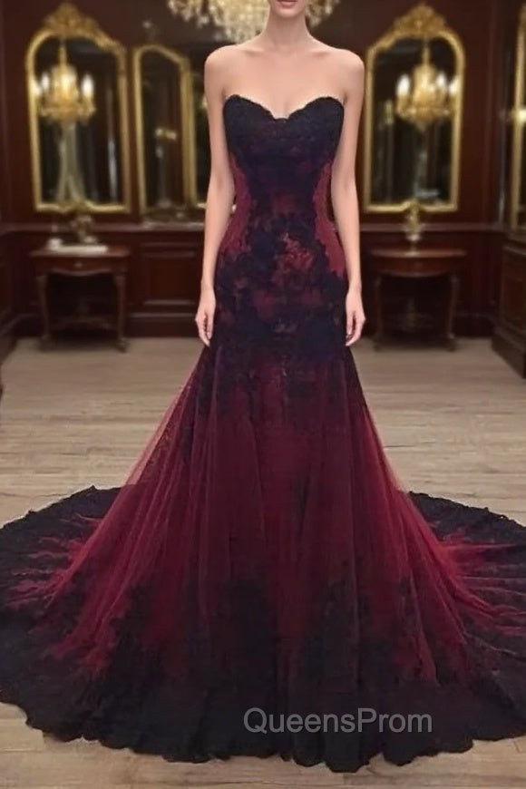 Gorgeous Black and Wine Red Mermaid Long Evening Gown Party Dress, Sweetheart Lace Evening Dress Main image