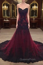 Gorgeous Black and Wine Red Mermaid Long Evening Gown Party Dress, Sweetheart Lace Evening Dress