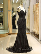Gorgeous Black Evening Dress Mermaid Luxury Heavy Beaded Straps Long Evening Dress