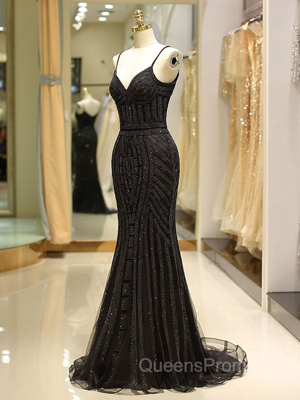 Gorgeous Black Evening Dress Mermaid Luxury Heavy Beaded Straps Long Evening Dress