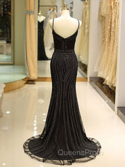 Gorgeous Black Evening Dress Mermaid Luxury Heavy Beaded Straps Long Evening Dress